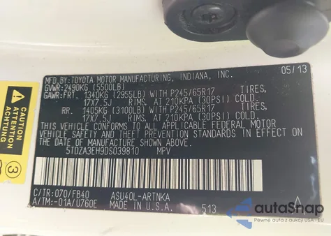 2013 Toyota Highlander из США, поврежденный, VIN 5TDZA3EH9DS039810